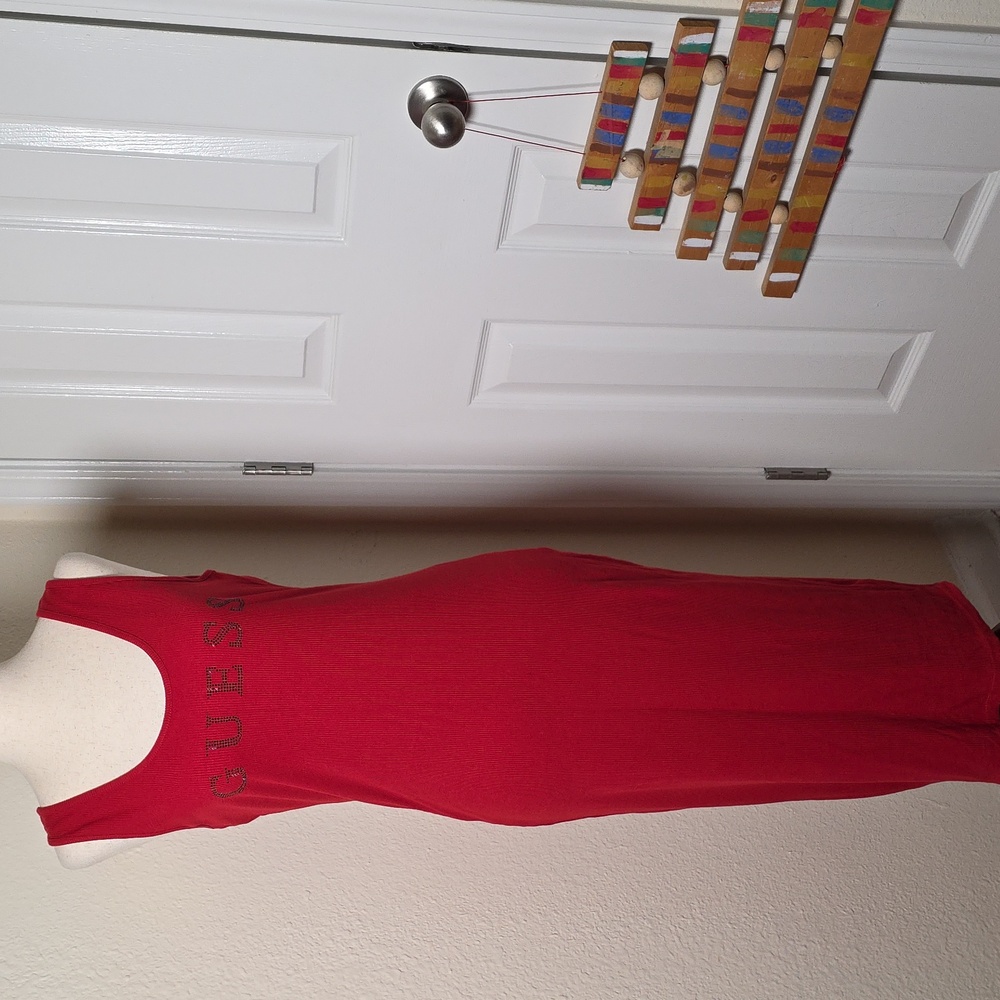GUESS Red Midi Dress With Black Rhinestone GUESS Across Bust Sz L